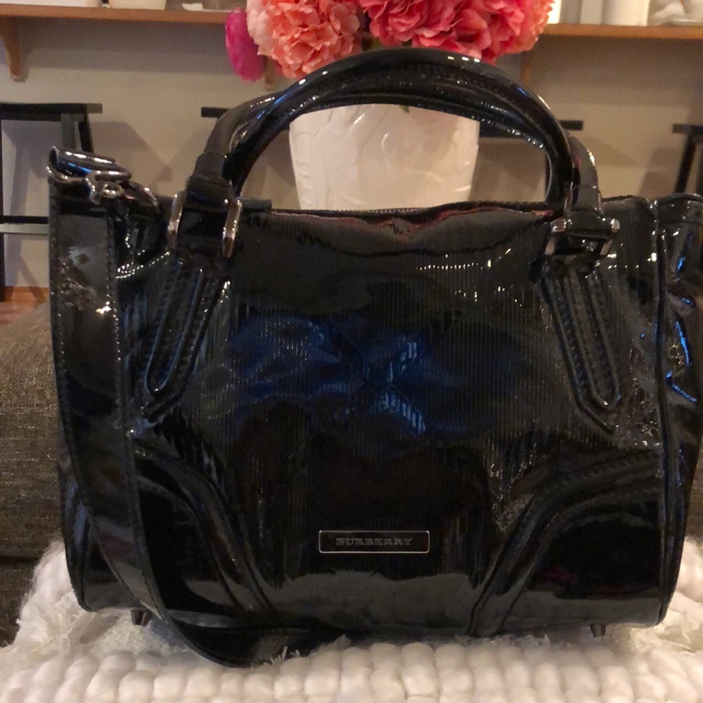 Burberry Black and Silver Satchel with Glossy Finish
